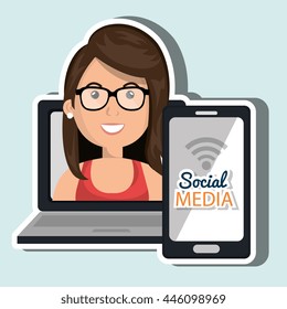 laptop user with social networking smartphone isolated icon design, vector illustration  graphic 