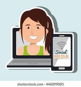 laptop user with social networking smartphone isolated icon design, vector illustration  graphic 