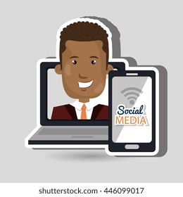 laptop user with social networking smartphone isolated icon design, vector illustration  graphic 