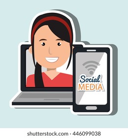 laptop user with social networking smartphone isolated icon design, vector illustration  graphic 