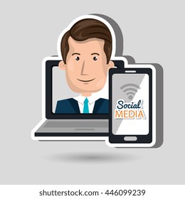 laptop user with social networking smartphone isolated icon design, vector illustration  graphic 