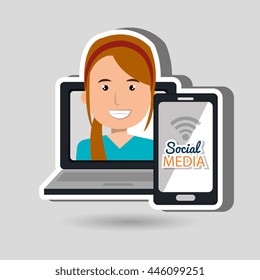 laptop user with social networking smartphone isolated icon design, vector illustration  graphic 