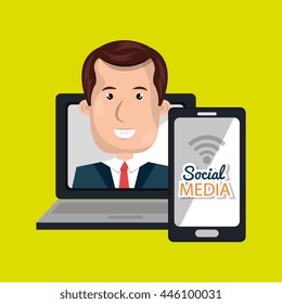 laptop user with social networking smartphone isolated icon design, vector illustration  graphic 