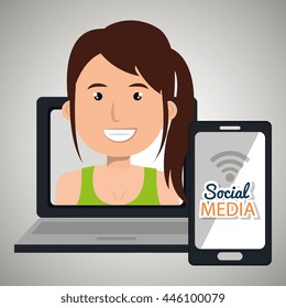 laptop user with social networking smartphone isolated icon design, vector illustration  graphic 