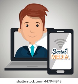 laptop user with social networking smartphone isolated icon design, vector illustration  graphic 