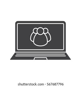 Laptop with users group icon. Silhouette symbol. Laptop with group of people. Negative space. Vector isolated illustration