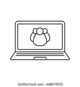 Laptop users group linear icon. Thin line illustration. Notebook with group of people contour symbol. Vector isolated outline drawing