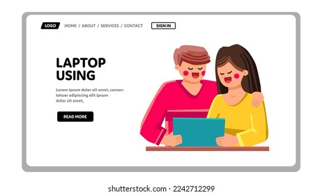 laptop using vector. computer notebook, technology home, office business, modern internet, social job laptop using web flat cartoon illustration