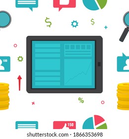 a laptop and a lot of the various icons around them, gold coins, a magnifying glass. On white background. The literal concept of the information world. vector seamless pattern background