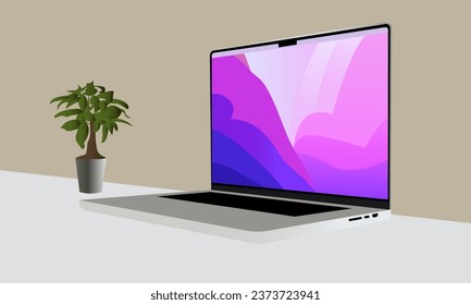  Laptop Vector. Flat icon illustration mac book plants