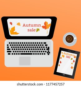 Laptop Vector. Flat icon illustration.Vector illustration. Laptopwith information about the autumn sale on the screen on a color background