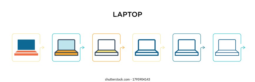 Laptop vector icon in 6 different modern styles. Black, two colored laptop icons designed in filled, outline, line and stroke style. Vector illustration can be used for web, mobile, ui