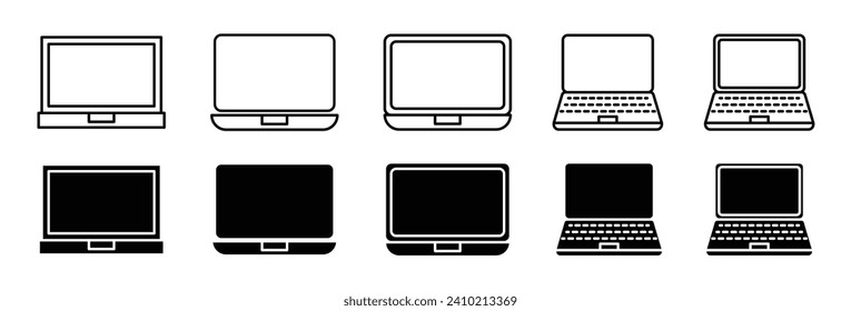 laptop vector icon set. personal computer symbol in black outlined and solid style.