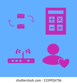 laptop vector icons set. with calculator, response letter, user favorite and router in set