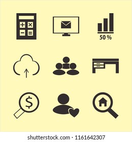 laptop vector icons set. with diagram, search house, user favorite and desk in set