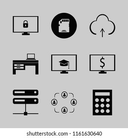laptop vector icons set. with dollar symbol computer, memory card, people and calculator in set