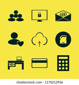 laptop vector icons set. with memory card, laptop desk, upload and people in set