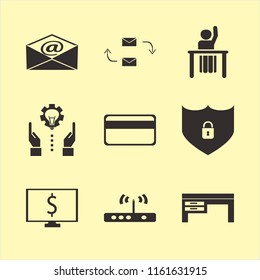 laptop vector icons set. with response letter, dollar symbol computer, desk and technology progress in set