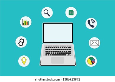 Laptop Vector with icons. Laptop for work in the office. Illustration for freelancers with tools.