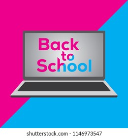 Laptop vector illustration with back to school text on screen. Back to school vector template. Minimal top view illustration