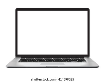 Laptop vector illustration with blank screen isolated on white background, aluminium shiny glowing body.