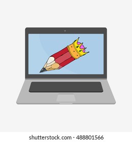 Laptop vector illustration icon. Flat design style. Pencil in crown.Laptop icon. macbook, mac, imac, apple. Laptop vector. Apple vector. Macbook vector. iMac vector. Stock illustration. Mac icon. 