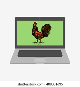 Laptop vector illustration icon. Flat design style. Cock rooster. Laptop icon. macbook, mac, imac, apple. Laptop vector. Apple vector. Macbook vector. iMac vector. Stock illustration. Mac icon. 