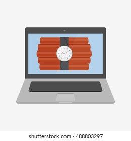 Laptop vector illustration icon. Flat design style. Dynamite on screen. Laptop icon. macbook, mac, imac, apple. Laptop vector. Apple vector. Macbook vector. iMac vector. Stock illustration. Mac icon. 