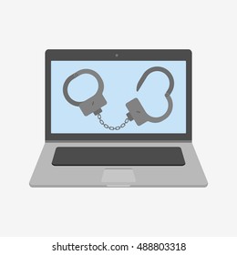 Laptop vector illustration icon. Flat design style. handcuffs on screen. Laptop icon. macbook, mac, imac, apple. Laptop vector. Apple vector. Macbook vector. iMac vector. Stock illustration. Mac icon