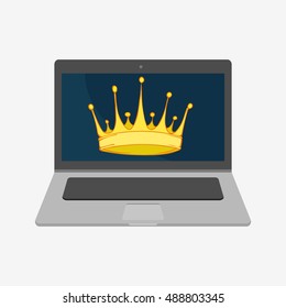Laptop vector illustration icon. Flat design style. Big yellow crown. Laptop icon. macbook, mac, imac, apple. Laptop vector. Apple vector. Macbook vector. iMac vector. Stock illustration. Mac icon. 