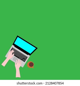 Ilustración vectorial portátil, vista superior del lugar de trabajo, aislada en fondo verde.