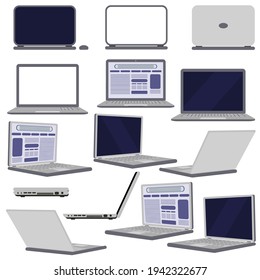 Un portátil. Imagen vectorial para sus ilustraciones y diseño web. Portátil de diferentes lados. El ordenador portátil está cerrado y abierto. El gadget está encendido y apagado.
