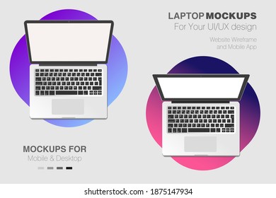 Laptop vector mock up design with blank screen isolated on color background. Top View business infographic template. Flat illustration mockup for your concept