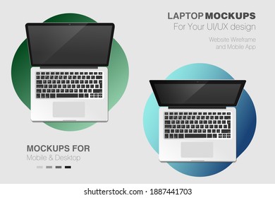 Laptop vector mock up design with blank screen isolated on color background. Top View business infographic template. Flat illustration mockup for your concept.