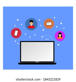 laptop and vector of people and technology in multicolored circles on it