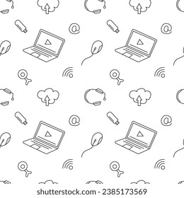 Laptop. Vector seamless pattern in doodle style. Isolated, on a white background.