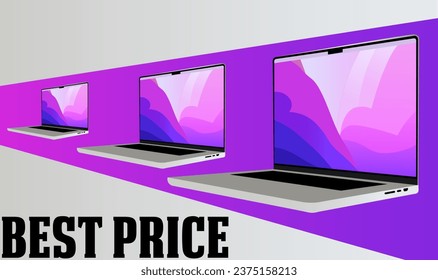 Laptop Vector set Flat icon illustration laptop triple pattern design computer purple background for sale text 