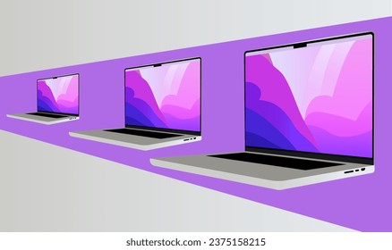 Laptop Vector set Flat icon illustration laptop triple pattern design computer purple background for text sale 