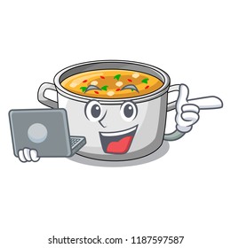 With laptop vegetable soup with pasta in pot cartoon