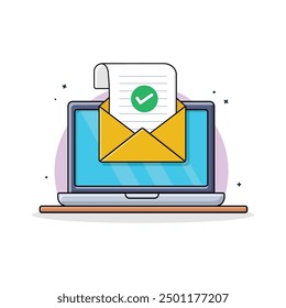 Laptop with Verified Mail Envelope Vector Illustration. Verified Mail Concept Design