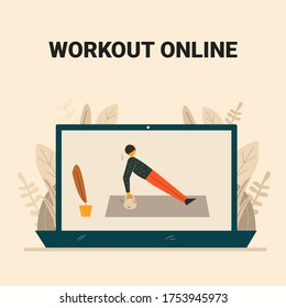 Laptop with video of african man doing workouts. Laptop and video of gym training and sports activities. Video of fitness workouts. Online education concept. Gym at home concept