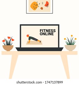 Laptop and video of boy working out at home. Online videos of sports and fitness workouts. Online fitness and gym tutorial. Workouts at home. Online education vector flat illustration.