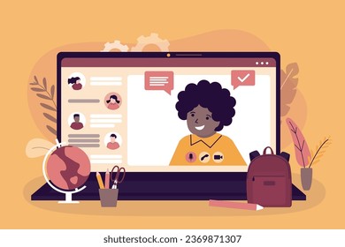 Laptop with video chat. Cute girl communicates with classmates or friends. Online webinar, learning from home. Smart schoolgirl on screen. Internet education. Video conversation, home schooling.