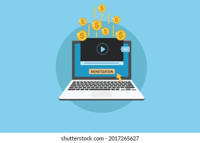 Laptop with video and coins for video monetization feature. Monetization technology