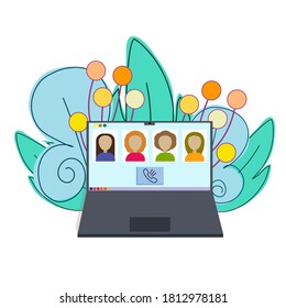 A laptop with a video connection is isolated on a white background. Behind the laptop, colorful branches and leaves. Vector illustration in flat style. Remote communication or working on a computer.