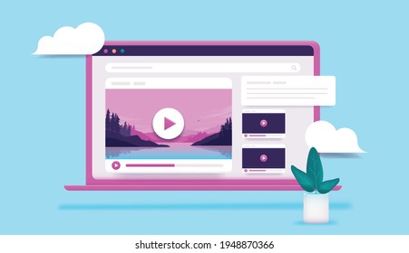 Laptop with video on screen - Computer with unbranded tube website and ui elements. Watching video content  online concept. professional 3d vector illustration.