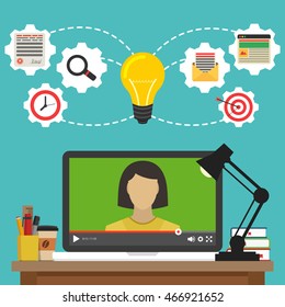 Laptop with video online training on the screen. Vector flat illustration.