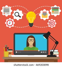 Laptop With Video Online Training On The Screen. Vector Flat Illustration.