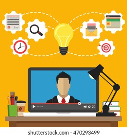 Laptop with video online training on the screen. Vector flat illustration.