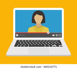 Laptop with video online webinar on the screen. Vector flat illustration.